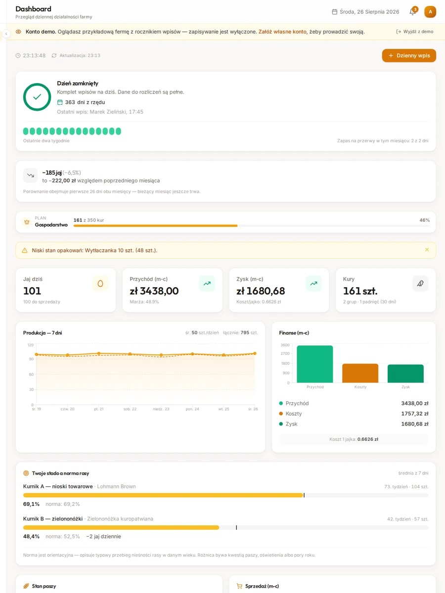 Dashboard Anny Zielińskiej z kafelkami dnia, wykresem produkcji i serią 363 dni z rzędu