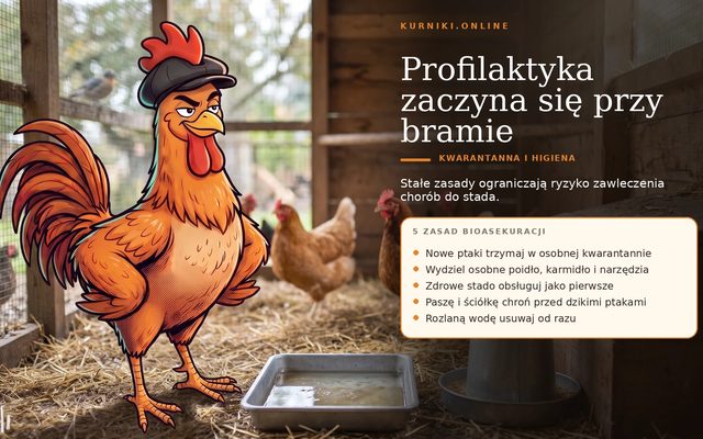 Choroby kur — profilaktyka zaczyna się przy bramie: kwarantanna, osobne poidło i narzędzia, ochrona paszy