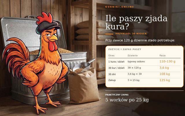 Czym karmić kury — zużycie i zapas paszy: 110–130 g na nioskę dziennie, 108 kg miesięcznie dla 30 kur
