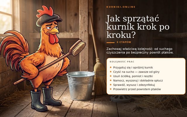 Dezynfekcja kurnika — właściwa kolejność prac: najpierw suche czyszczenie i mycie, dopiero potem preparat
