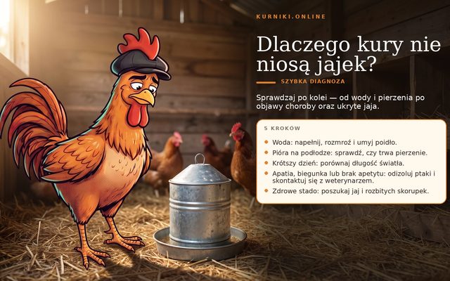 Dlaczego kury nie niosą jajek — pięć kroków szybkiej diagnozy, od poidła i piór po objawy choroby