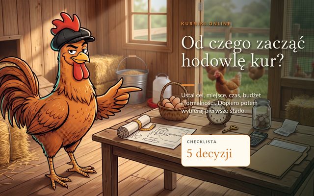 Od czego zacząć hodowlę kur — plan kurnika, koszyk jaj i kalkulator na stole