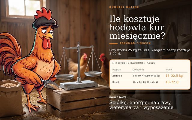 Hodowla kur na własny użytek — miesięczny rachunek paszy dla 5 niosek: 15–22,5 kg za 48–72 zł