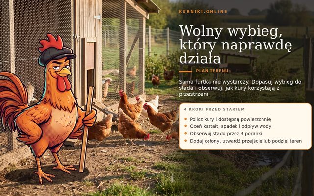 Hodowla kur na wolnym wybiegu — plan terenu i cztery kroki przed startem, stado korzystające z wybiegu