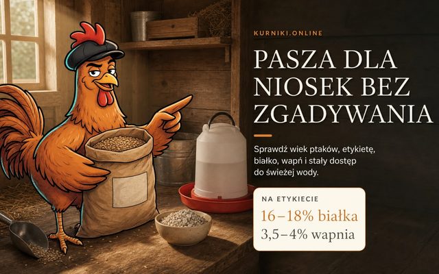 Hodowla kur niosek — pasza bez zgadywania: worek paszy, poidło i etykieta z 16–18% białka i 3,5–4% wapnia
