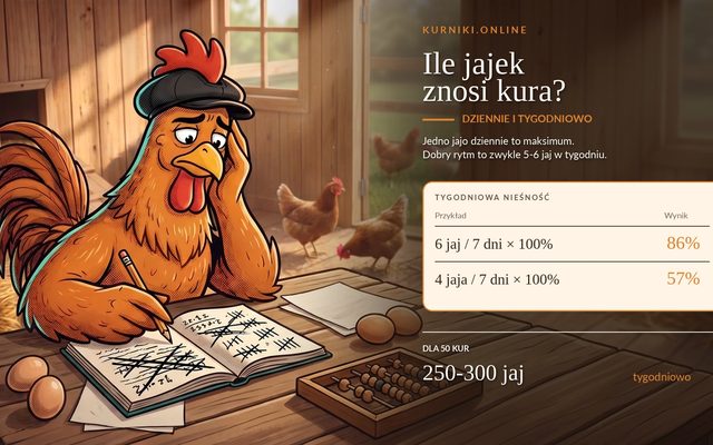 Ile kura znosi jajek — kura licząca zbiory w zeszycie, 6 jaj na 7 dni to 86% nieśności tygodniowej