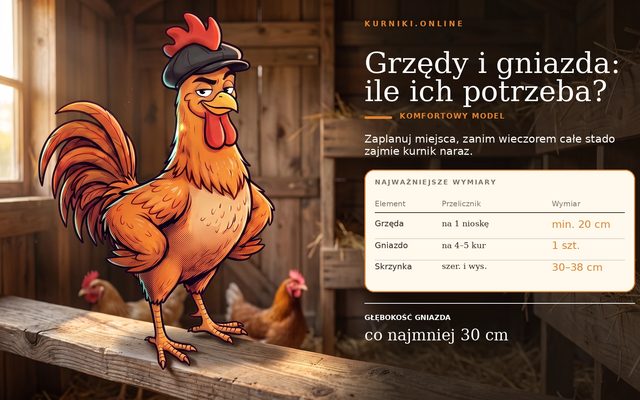 Wymiary kurnika — grzęda min. 20 cm na nioskę, gniazdo na 4–5 kur i skrzynka o boku 30–38 cm
