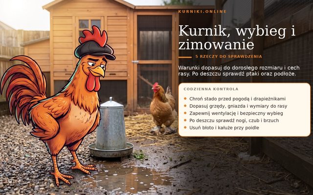 Kury ozdobne — kurnik i wybieg dopasowany do dorosłego rozmiaru rasy, z kontrolą podłoża po deszczu