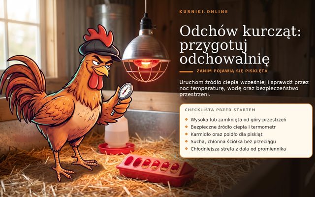 Hodowla kurcząt — odchowalnia gotowa przed wykluciem: promiennik, termometr, poidło i chłodniejsza strefa