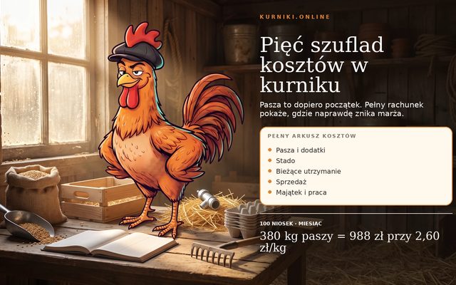 Opłacalność hodowli kur na jajka — pięć szuflad kosztów: pasza, stado, utrzymanie, sprzedaż, majątek
