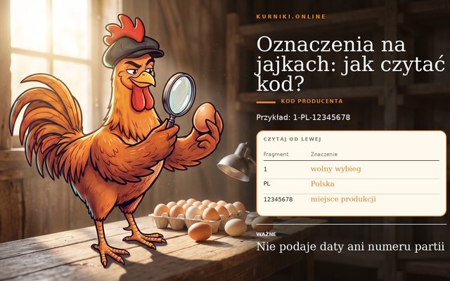 Oznaczenia na jajkach — kod producenta czytany od lewej: sposób chowu, symbol kraju i miejsce produkcji