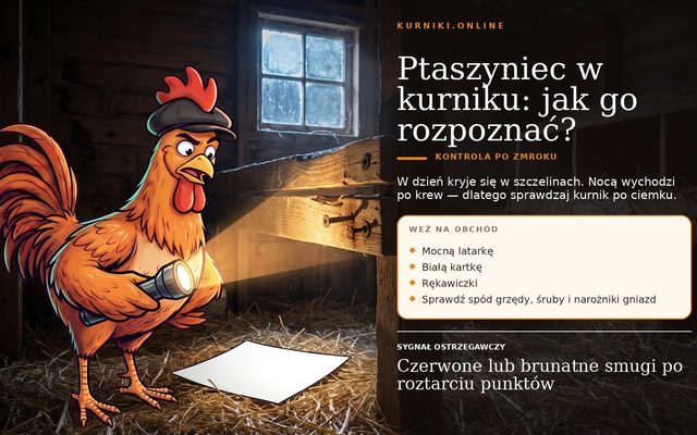 Ptaszyniec w kurniku — wieczorna kontrola z latarką: czerwone smugi po roztarciu punktów pod grzędą