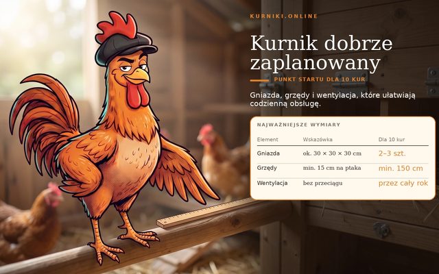 Przydomowa hodowla kur — kurnik dobrze zaplanowany: gniazda 30 × 30 cm i 15 cm grzędy na ptaka