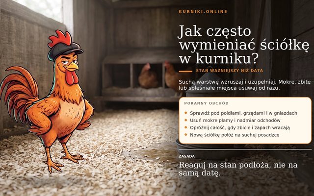Ściółka do kurnika — stan podłoża ważniejszy niż data wymiany: sucha warstwa, mokre miejsca usuwane od razu