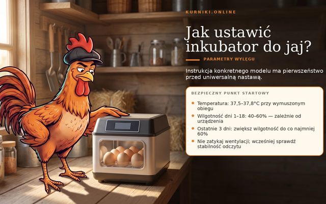 Wylęg kurcząt — parametry inkubatora: temperatura 37,5–37,8°C i wilgotność podniesiona na ostatnie trzy dni