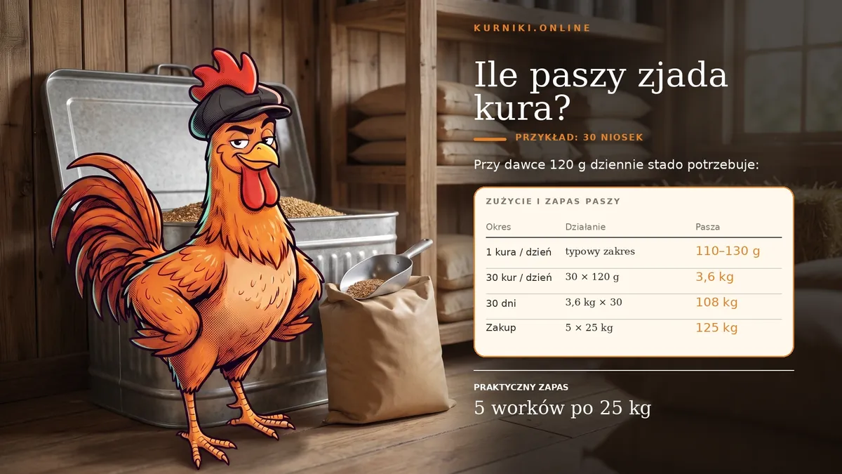 Ile paszy zjada kura — przy 120 g dziennie 30 niosek zjada 3,6 kg, czyli 108 kg na miesiąc i pięć worków zapasu