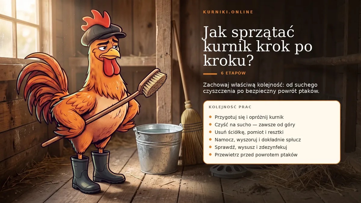 Jak sprzątać kurnik krok po kroku — kolejność prac od suchego czyszczenia od góry po przewietrzenie przed powrotem ptaków