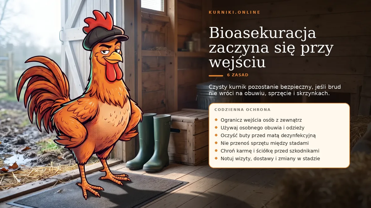 Bioasekuracja zaczyna się przy wejściu — osobne obuwie, mata dezynfekcyjna i sprzęt nieprzenoszony między stadami