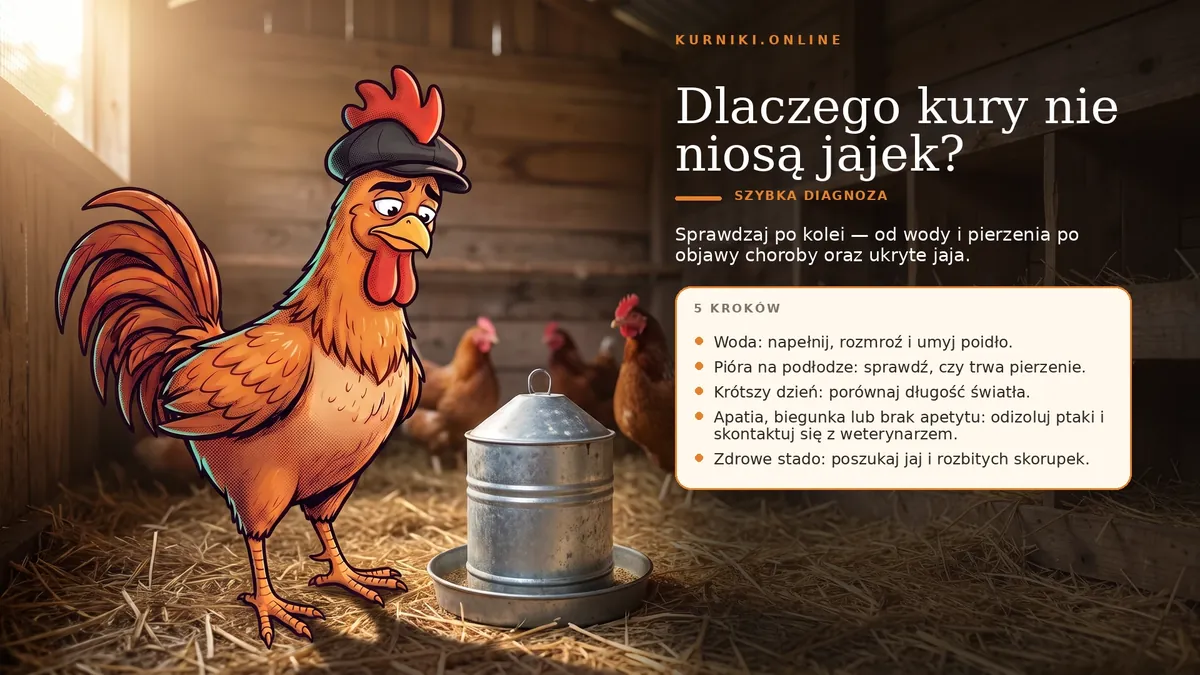 Dlaczego kury nie niosą jajek — szybka diagnoza w pięciu krokach: woda, pierzenie, długość dnia, objawy, ukryte jaja