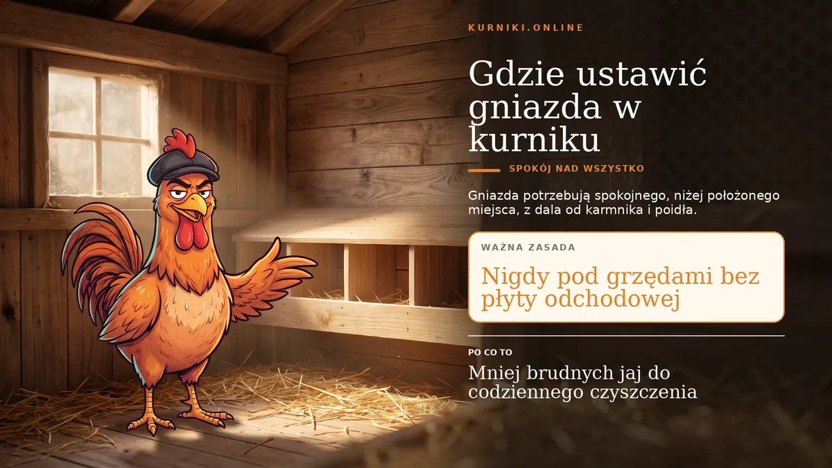 Gdzie ustawić gniazda w kurniku — spokojne, niżej położone miejsce z dala od karmnika, nigdy pod grzędami bez płyty