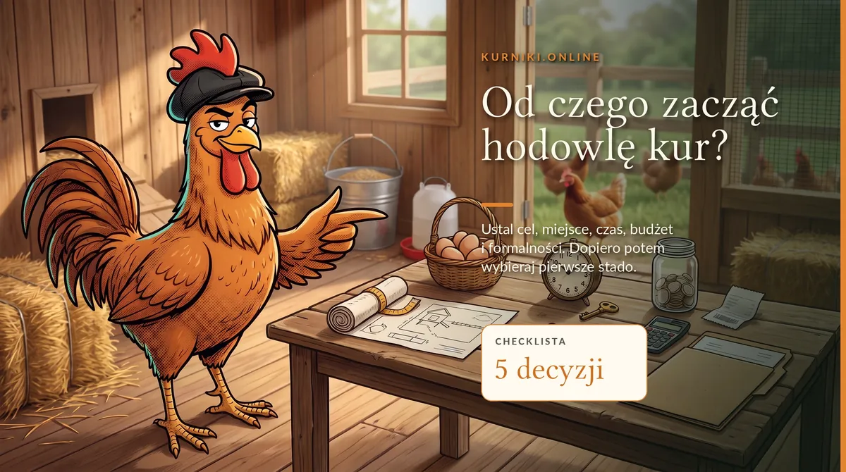Od czego zacząć hodowlę kur — kura wskazuje stół z planem kurnika, miarką, koszykiem jaj, budzikiem i kalkulatorem