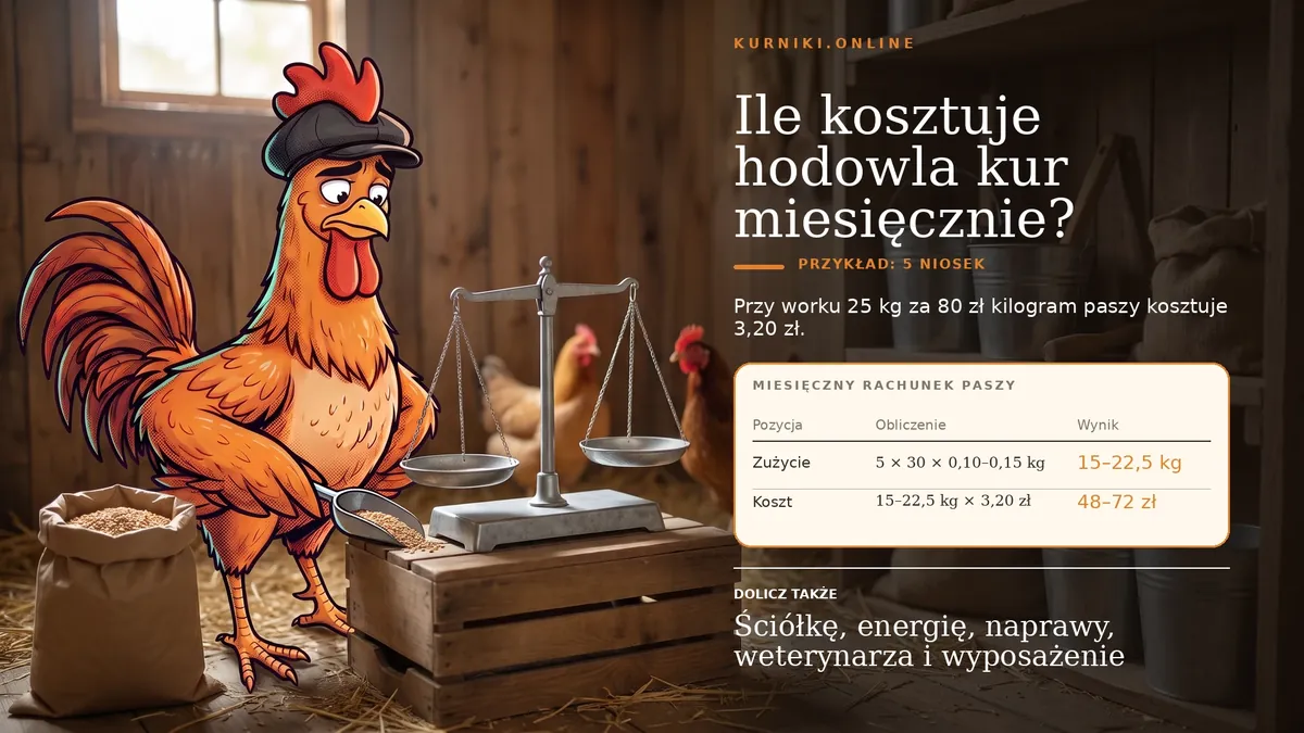 Ile kosztuje hodowla kur miesięcznie — waga i worek paszy, 5 niosek zjada 15–22,5 kg za 48–72 zł