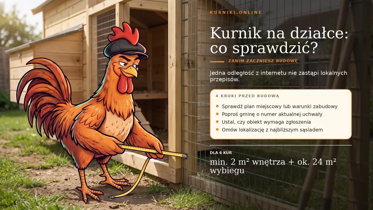 Kurnik na działce: co sprawdzić — cztery kroki przed budową, dla 6 kur min. 2 m² wnętrza i 24 m² wybiegu