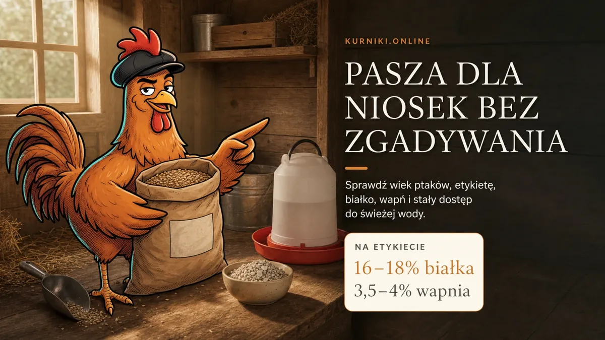 Pasza dla niosek bez zgadywania — kura przy worku paszy i poidle, na etykiecie 16–18% białka i 3,5–4% wapnia