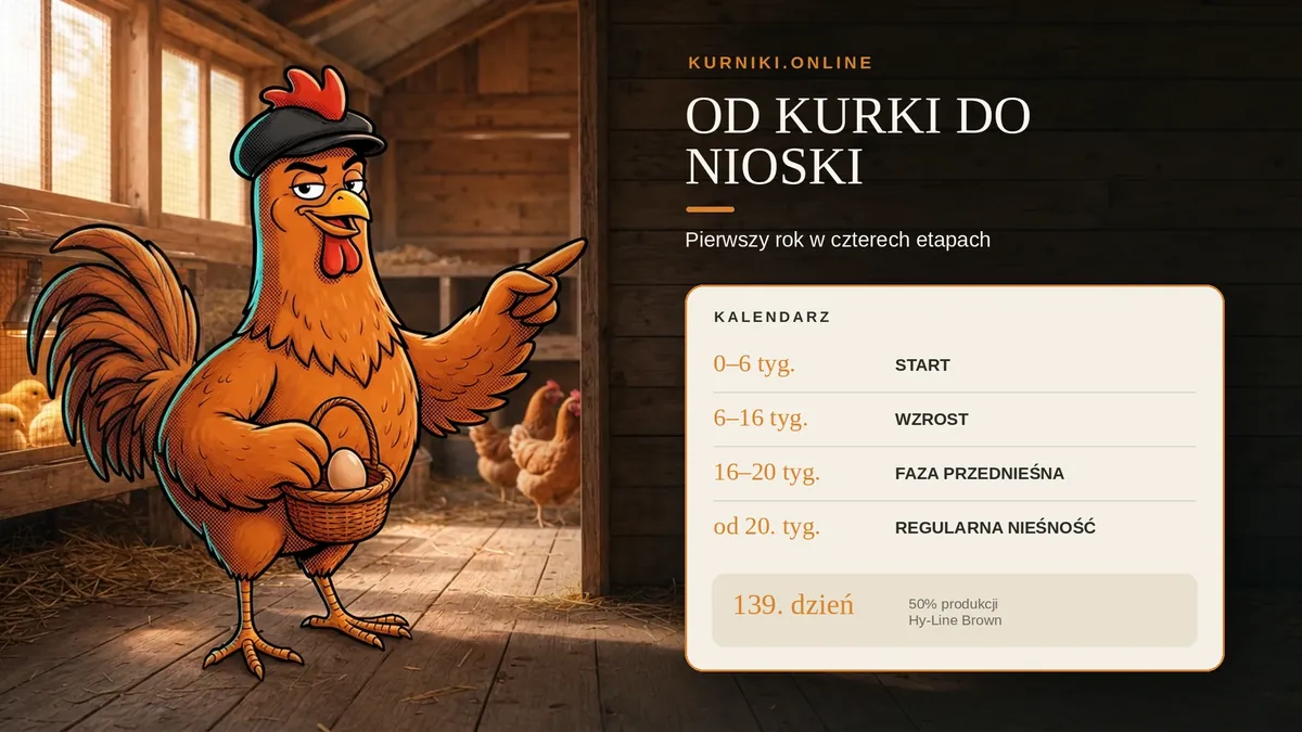 Od kurki do nioski — kura z koszykiem jaj obok kalendarza pierwszego roku, 50% produkcji w 139. dniu