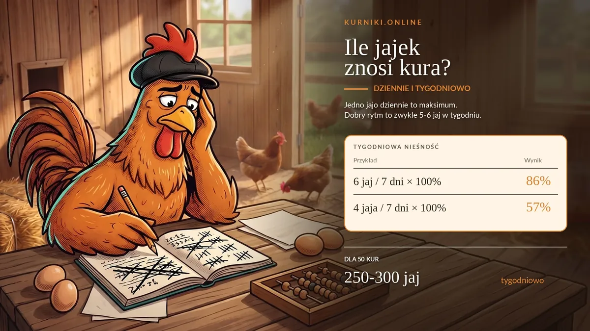 Ile jajek znosi kura dziennie i tygodniowo — kura z zeszytem zbiorów, 6 jaj na 7 dni to 86% nieśności