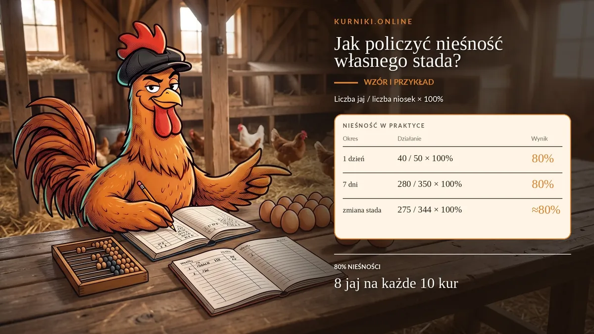Jak policzyć nieśność własnego stada — kura przy liczydle i zeszycie, 40 jaj od 50 niosek to 80%