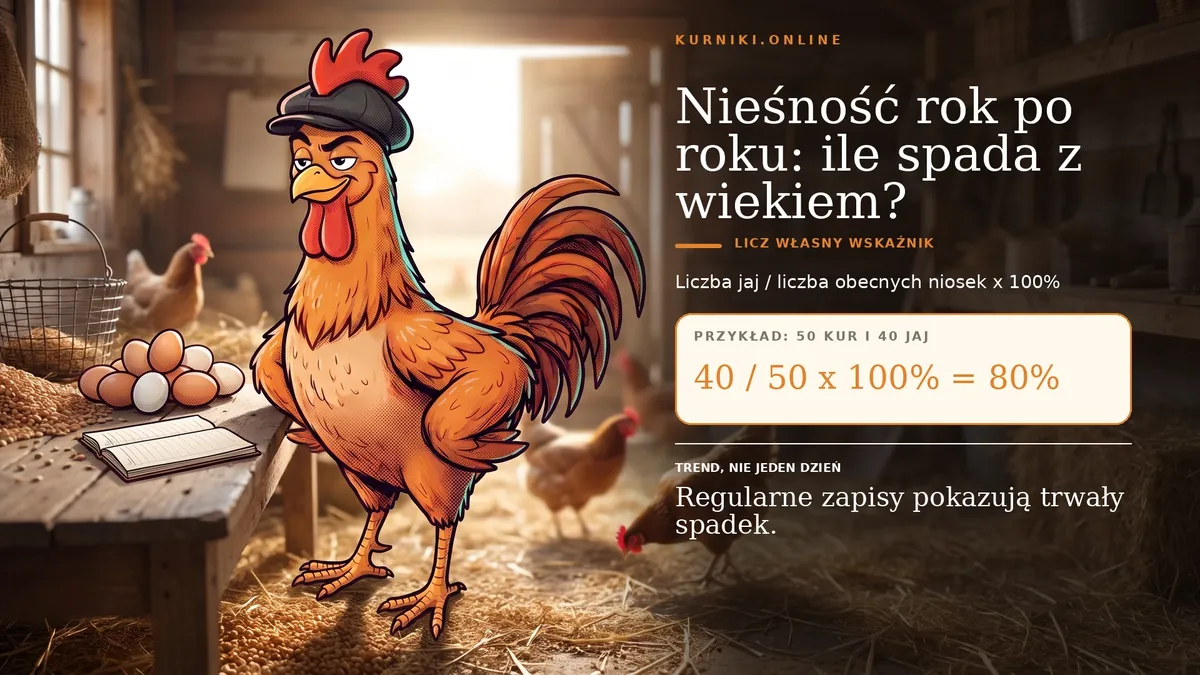 Nieśność rok po roku: ile spada z wiekiem — wskaźnik liczony jako jaja przez liczbę niosek, 40 z 50 to 80%