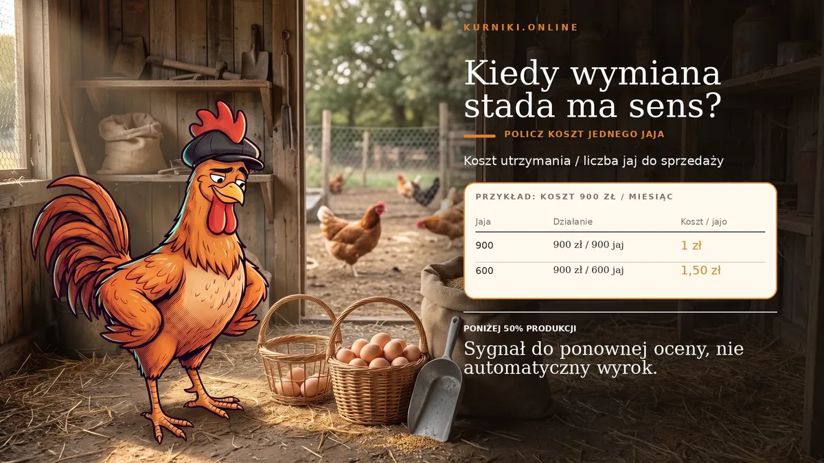 Kiedy wymiana stada ma sens — koszt 900 zł przy 900 jajach daje 1 zł za sztukę, przy 600 już 1,50 zł