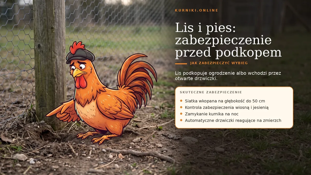 Zabezpieczenie wybiegu przed podkopem lisa i psa: siatka wkopana do 50 cm, kontrola dwa razy w roku, zamykanie na noc