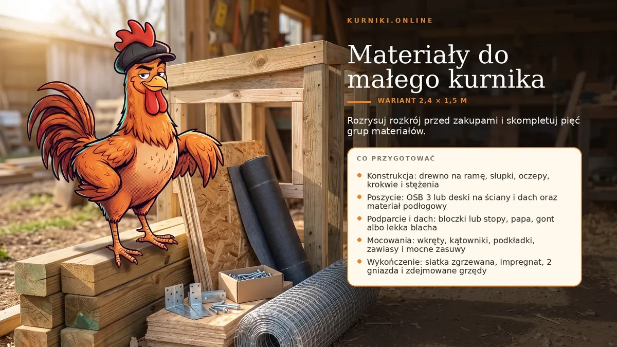 Materiały do małego kurnika w wariancie 2,4 na 1,5 m — drewno, OSB, papa, wkręty, kątowniki i siatka