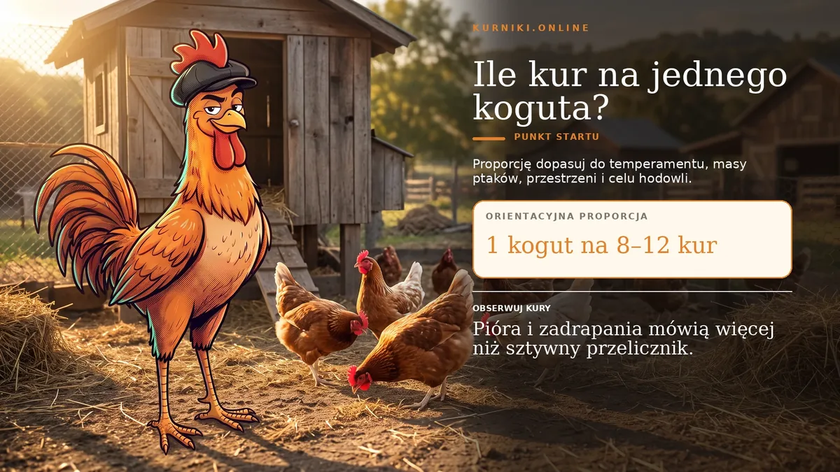 Ile kur na jednego koguta — orientacyjna proporcja jeden kogut na 8–12 kur, do dopasowania według stada