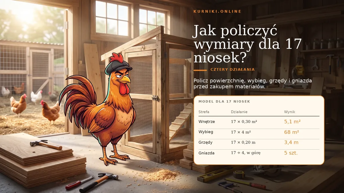 Jak policzyć wymiary dla 17 niosek — 5,1 m² wnętrza, 68 m² wybiegu, 3,4 m grzęd i pięć gniazd