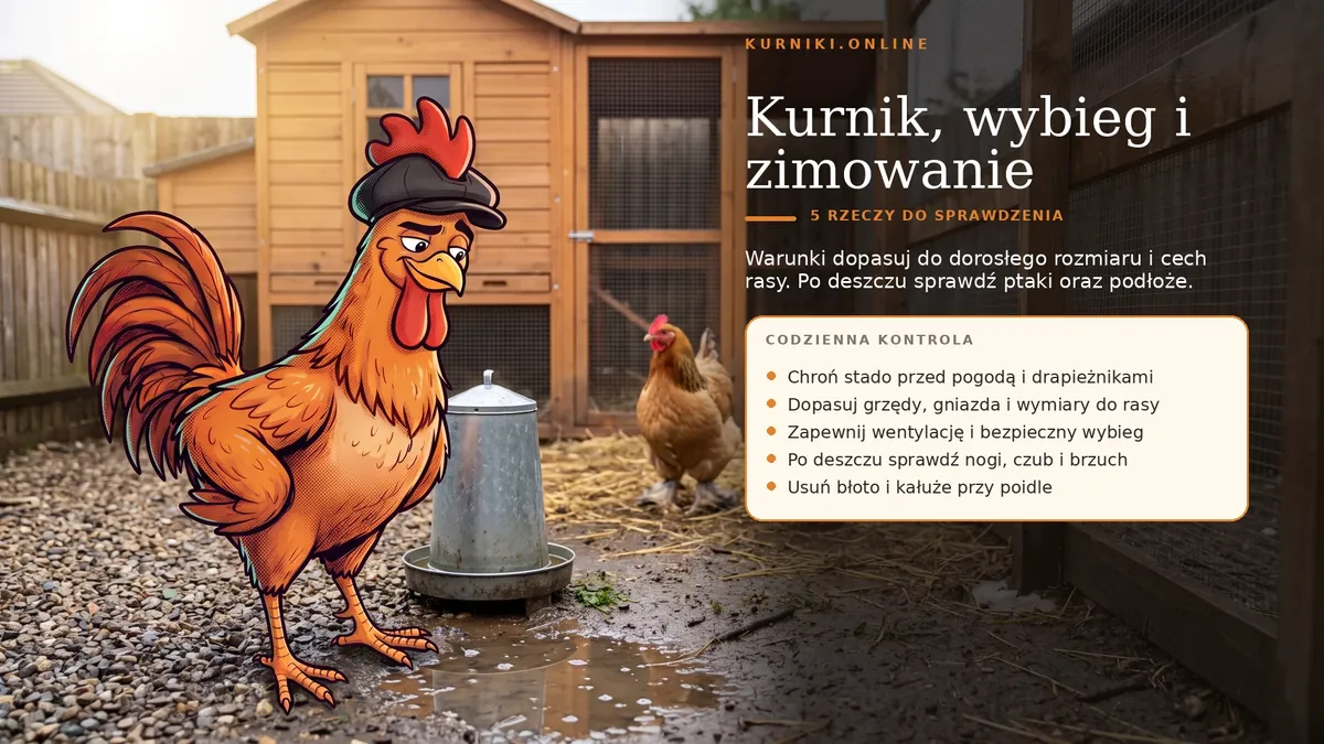 Kurnik, wybieg i zimowanie kur ozdobnych — pięć rzeczy do sprawdzenia, od wymiarów pod rasę po błoto przy poidłach