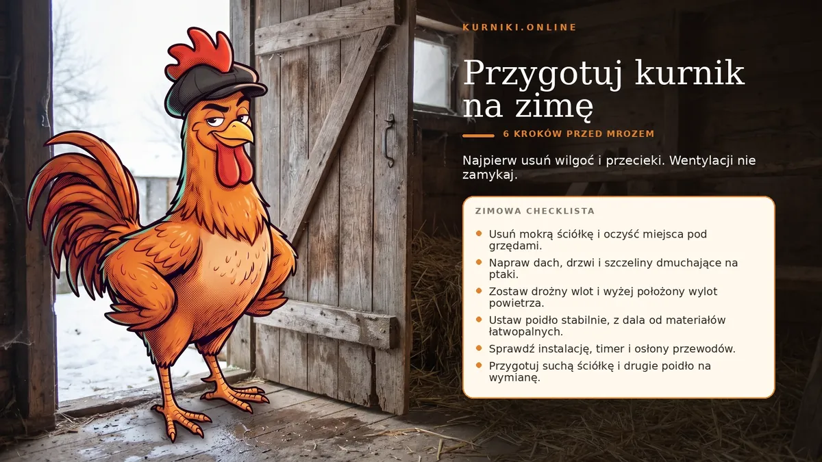 Przygotuj kurnik na zimę — sześć kroków przed mrozem: sucha ściółka, szczelny dach i drożna wentylacja