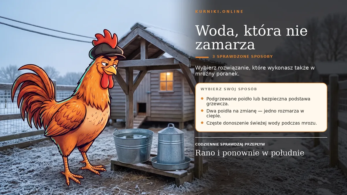 Woda, która nie zamarza — trzy sposoby: podgrzewane poidło, dwa poidła na zmianę albo częste donoszenie