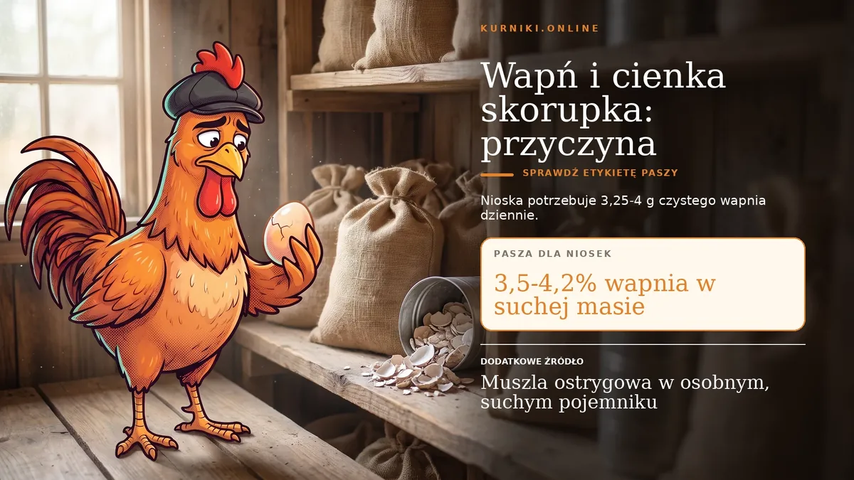 Wapń i cienka skorupka jako najczęstsza przyczyna zjadania jaj — nioska potrzebuje 3,25–4 g czystego wapnia dziennie