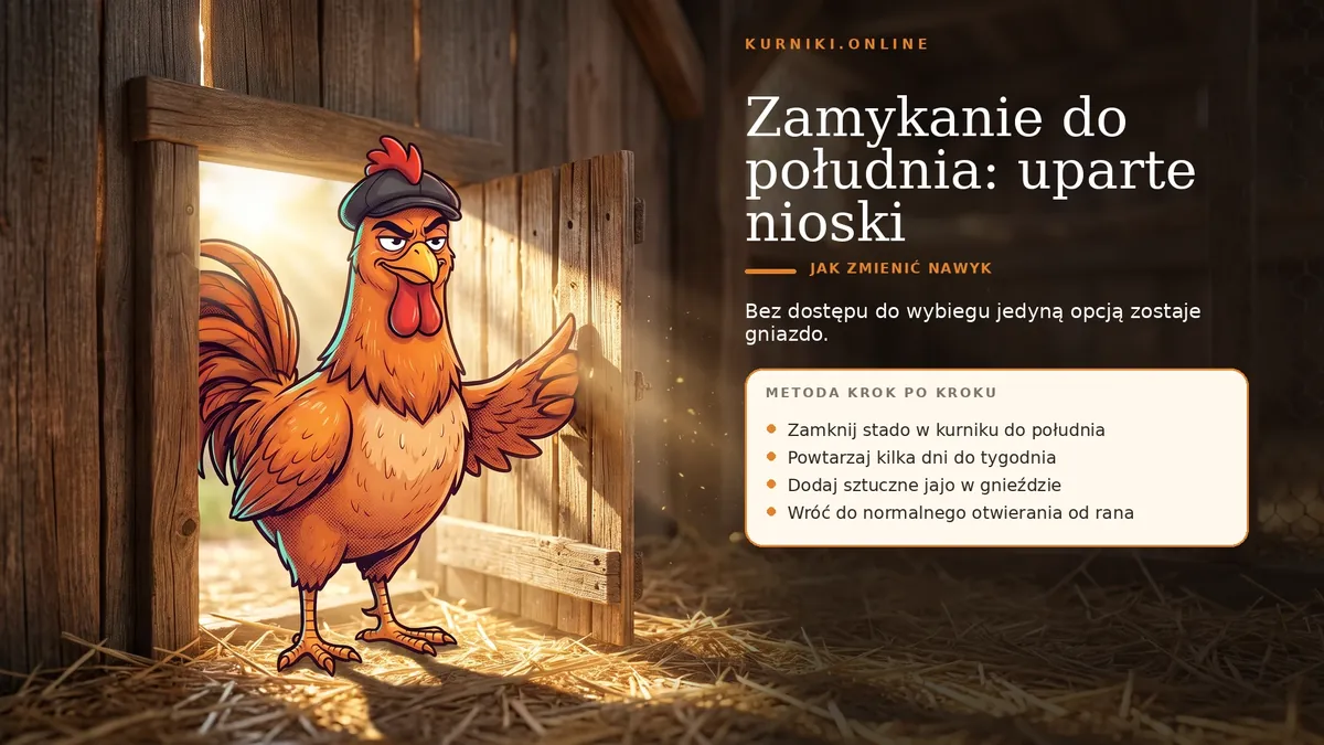 Zamykanie stada w kurniku do południa jako metoda na uparte nioski: bez wybiegu jedyną opcją zostaje gniazdo