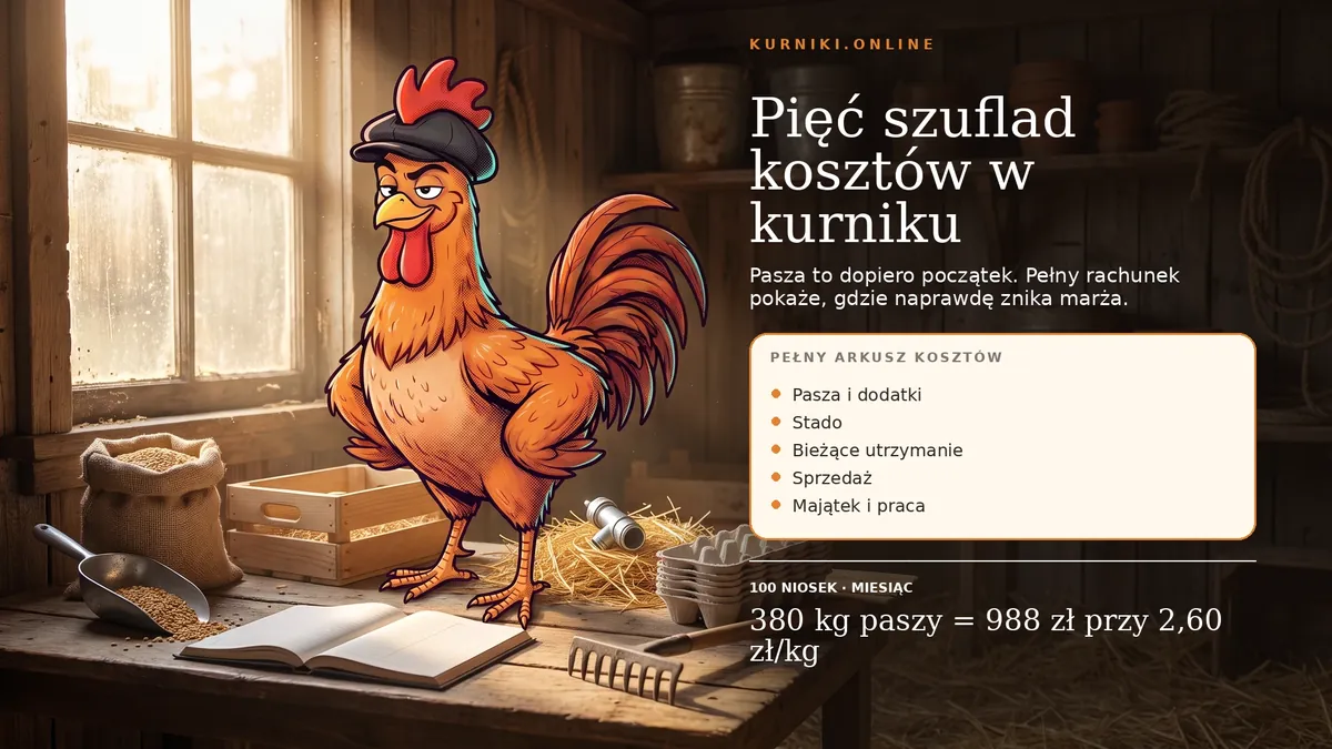 Pięć szuflad kosztów w kurniku — pasza, stado, utrzymanie, sprzedaż i majątek; 380 kg paszy to 988 zł