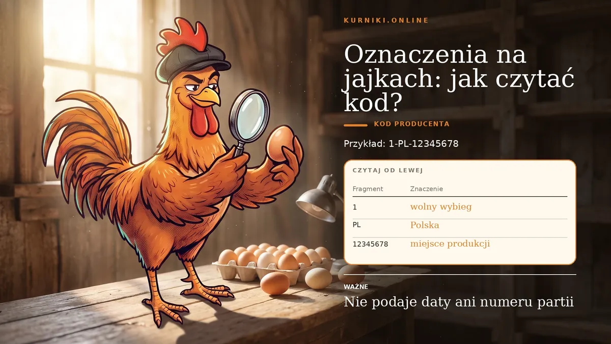 Oznaczenia na jajkach: jak czytać kod — w przykładzie 1-PL-12345678 cyfra to chów, PL kraj, reszta miejsce produkcji