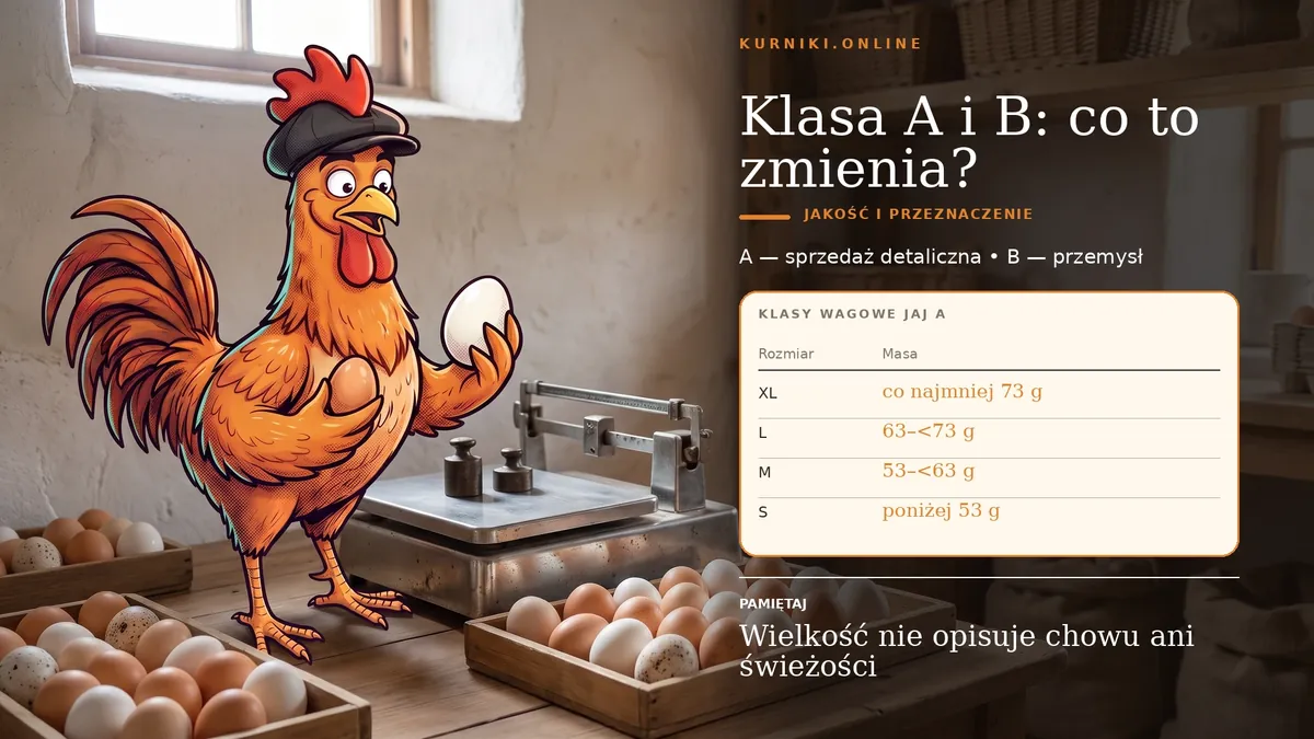 Klasa A i B: co to zmienia — klasy wagowe jaj A od S poniżej 53 g do XL co najmniej 73 g