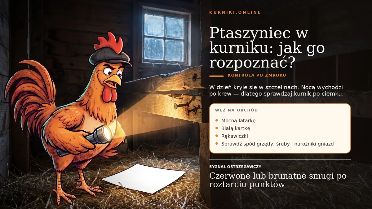 Ptaszyniec w kurniku: jak go rozpoznać — kontrola po zmroku z latarką i białą kartką pod grzędą