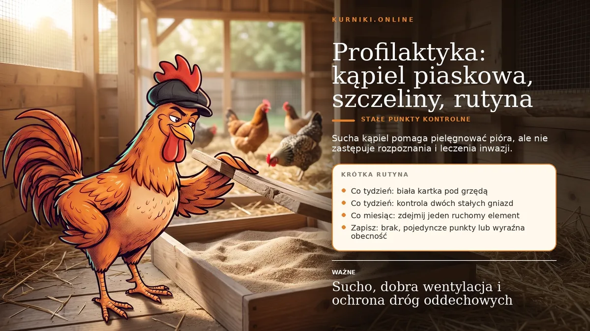 Profilaktyka: kąpiel piaskowa, szczeliny, rutyna — cotygodniowa kontrola grzędy i gniazd oraz zapis wyniku