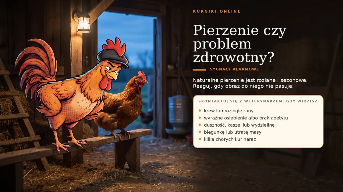 Pierzenie czy problem zdrowotny — sygnały alarmowe: krew, osłabienie, duszność, biegunka i kilka chorych kur naraz