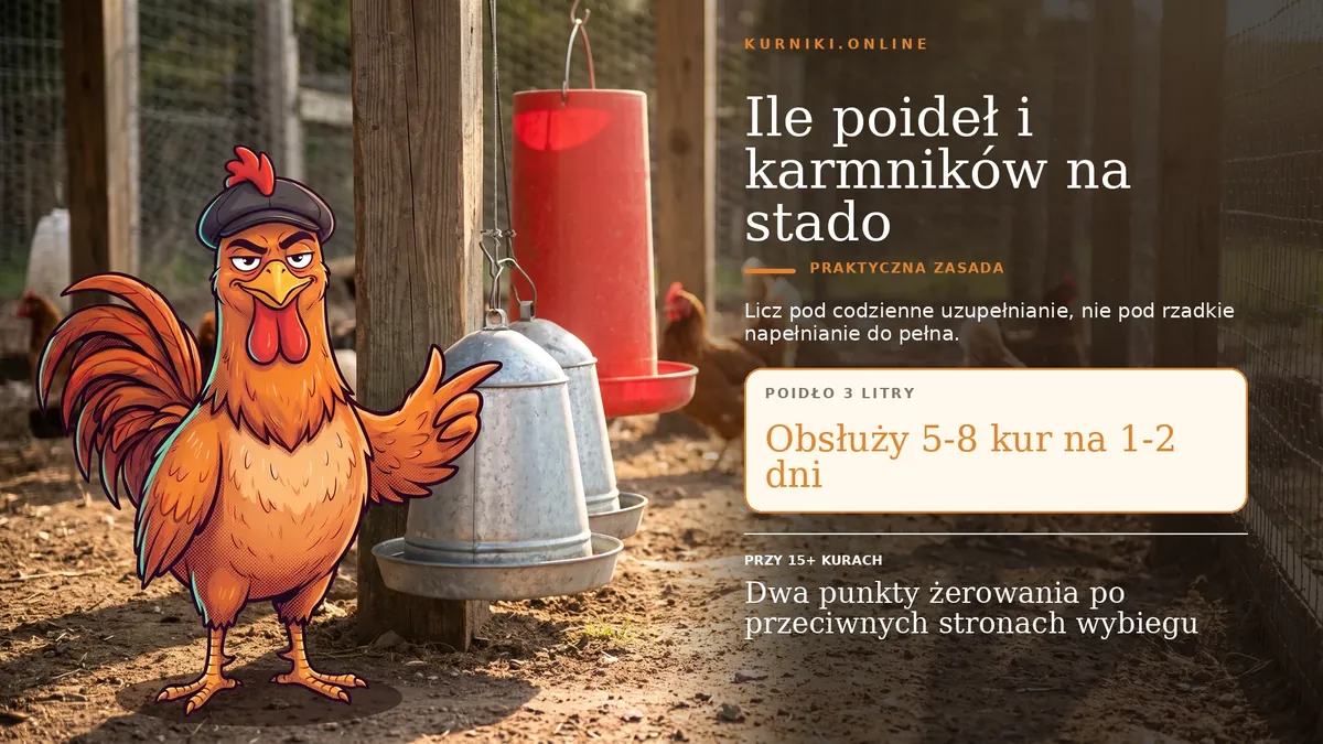 Ile poideł i karmników na stado — poidło trzylitrowe na 5–8 kur i dwa punkty żerowania przy stadzie powyżej 15 ptaków