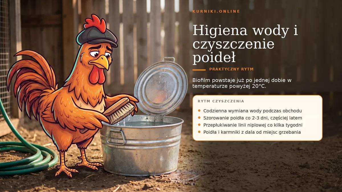 Higiena wody i czyszczenie poideł: codzienna wymiana wody, szorowanie co dwa–trzy dni i przepłukiwanie linii niplowej